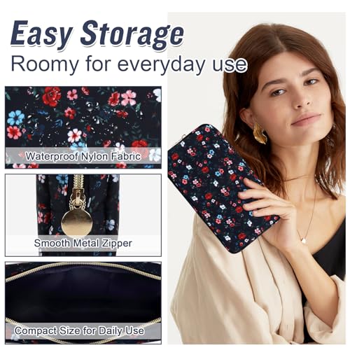 Nylon Small Floral Makeup Bag for Purse, Cute Preppy Makeup Bag Cosmetic Zipper Pouch Purse, Waterproof Portable Travel Set Toiletry Bag Make Up Brush Bag Organizer Storage for Women(Navy Blue-Flower) - color: Navy Blue-Flower, size: Small