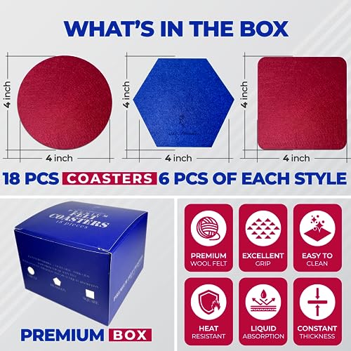 A&A Wonders Premium Felt Coasters for Drink, Absorbent Felt Protects Furniture, Table, Anti Slip, Absorbent, Suitable for Drinks & All Table Types (Wine Red/Royal Blue, All 3 Style, 6 of Each Style) - color: Wine Red/Royal Blue, size: All 3 Style, 6 of Ea