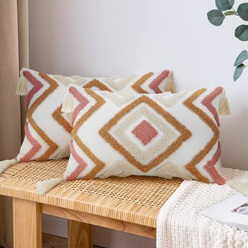 Merrycolor Boho Tufted Decorative Throw Pillow Covers (Orange and Pink, 20" x 12" (Pack of 1)) - color: Orange and Pink, size: 18" x 18" (Pack of 1)