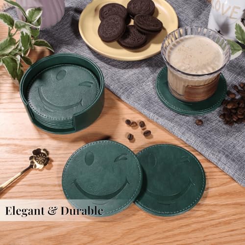 Coasters for Drinks Set of 6 with Holder, 6-Piece Leather Coasters with Embossed Smiley Designs - Durable Drink Coasters Set for Home, Bar, or Office - Green - color: Green