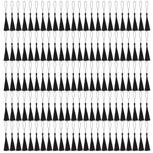 NACHLYNN 120 Pcs Bookmark Tassels Bulk 13cm/5 Inch Silky Handmade Soft Craft Mini Tassels for Jewelry Keychain Making with Loops for Dress Decoration DIY Craft Accessory (Black) - color: Black