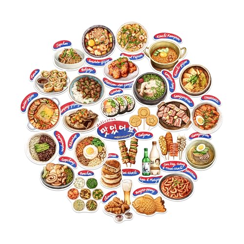 Navy Peony Authentic Korean Food Stickers (28 pcs) - Hand-Illustrated, Seoul, Culinary Stickers for Scrapbooking, Cookbooks, Journals and Laptops