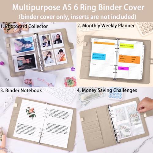 Antner A5 Binder 6 Ring Refillable Notebook Budget Planner Cover for Cash Organizer, PU Leather Loose Leaf Kpop Photocard Holder Small Binder for A5 Planner Inserts with Magnetic Buckle, Glitter Gold - color: Glitter Gold