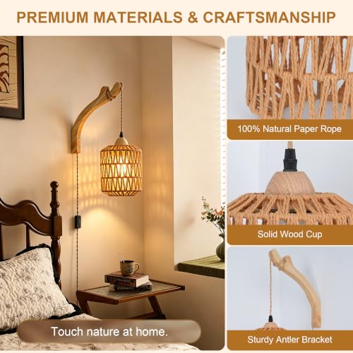 Frideko Plug in Wall Sconces Set of Two Hand Woven Lamp with Cord Rattan Lights Farmhouse Sconce Mounted Light Boho Lighting for Bedroom Living Room - color: Brown(2PC)