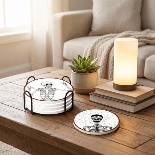 Nikyi 6 Pcs Skull Halloween Ceramic Coasters, Round Absorbent Drink Coaster with Metal Holder and Cork Base, Gothic Skeleton White Black Coaster for Coffee Table Kitchen Office Home Decor Gifts - color: Gothic Skull
