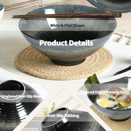 40 oz Ceramic Ramen Bowl Set of 2, Ramen Noodle Bowl with Spoons and Chopsticks 8 Inch Japanese Retro Style Large Soup, Pho, Udon Bowls, Microwave & Dishwasher Safe, Black - color: Black
