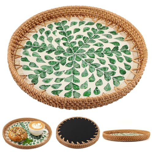 Handwoven Rattan Tray Pearl Inlay 11" Round Decorative Serving Tray Boho