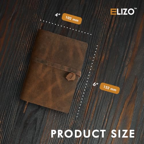 ELIZO Vintage Leather Bound Journal for Men & Women, Book of Shadows Grimoire Journal, Strap Lock Closure-200 Handmade Deckle Edge Pages Genuine Leather Sketchbook Notebook, Teak Brown, 4X6 inches - size: 4x6 (Strap Closure)