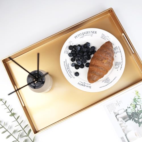 Spsyrine Gold Decorative Serving Tray with Handles, Elegant Plastic Coffee Table Tray for Ottoman, Living Room, Home Decor 15.6" X 10.2" - color: Gold