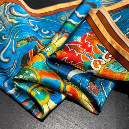 100% Pure Mulberry Silk Scarf 21" Women Square Scarf Neckerchief Headscarf - color: Blue and Orange Ethnic Style