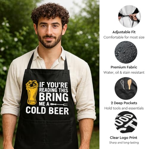 Funny Black Grill Apron with Pockets for Man,Dad,Husband,Father in Law,Chef Daddy Grilling Apron BBQ Cooking Gifts - color: Bring Me Beer