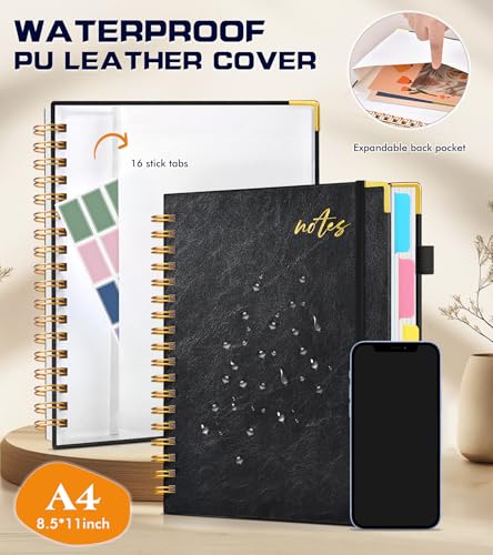 Hardcover Spiral Notebook Journal 8.5" x 11" Leather 5 Subject Notebook with Removable Dividers Tabs, 300 Pages Organizer Notebooks for Work School, College Ruled, Large Lined Journal for Women,Black - color: Black, size: A4