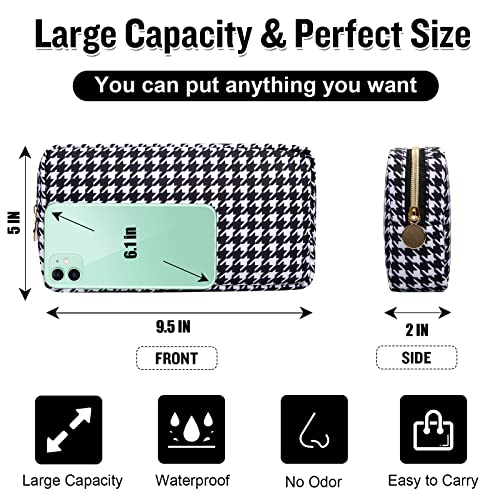 Nylon Small Makeup Bag for Purse, Cute Makeup Pouch Bag Preppy Cosmetic Zipper Pouch Purse, Portable Travel Toiletry Bag Clutch Makeup Brush Bag Organizer Storage for Ladies Girls(Black Houndstooth) - color: Black Houndstooth, size: Small