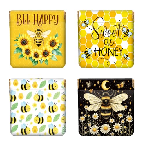 Peacoblue Bees and Flower Coin Purse,PU Leather Squeeze Pouch 4PCS - style: Bees and Flower