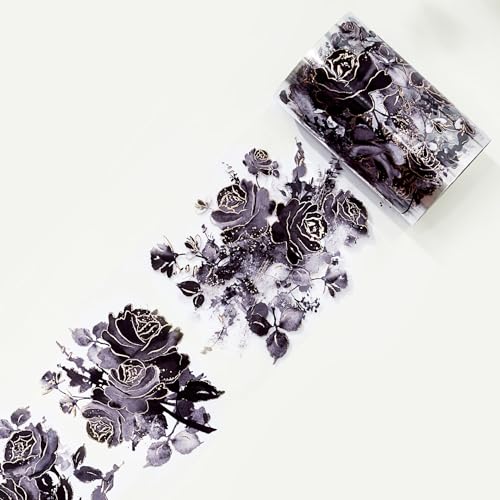 WT Rose Noir Wide PET Tape Gilded,Single Roll,Original Designs,Black Floral Decors,Transparent Clear Adhesive Tape,Gold Foil,Scrapbooks Junk Bujo Journals Planners DIY Crafts Supplies Gifts - color: Rose Noir Wide PET Tape (Gilded)