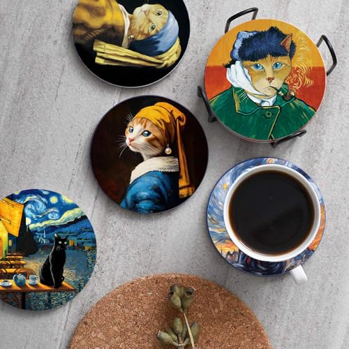 4inch Round Fun cat-Themed Marble Coaster with Storage Rack 8pcs - color: Cat Coasters
