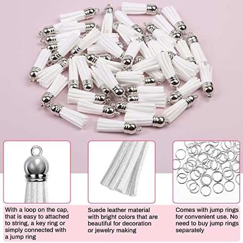 Keychain Tassels Bulk, Paxcoo Small Tassels for Jewelry Making, 50pcs Leather Tassel Keychain Charms with 50pcs Jump Rings for DIY Key Chain Craft - color: White