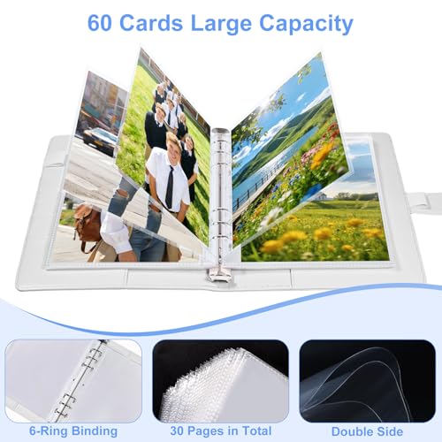 A5 PU Leather Photo Album with 60 Pockets, 5x7 Top Loading Double-Sided Sleeves, Adjustable 6 Ring Binder for Photos, Scrapbook & Keepsakes, White - color: White