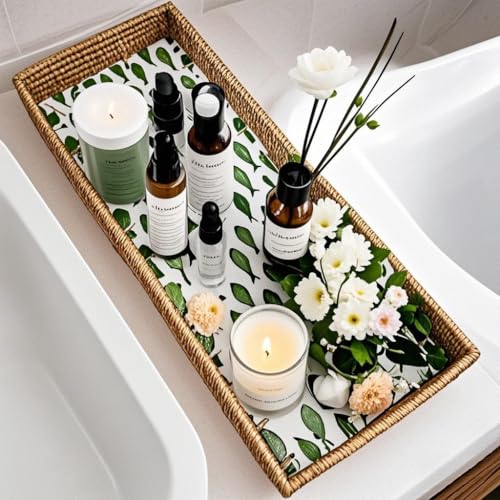 Narrow Rattan Bathroom Vanity Tray with Green Fish Mother of Pearl Inlay - Slim Rectangular Wicker Organizer for Toilet Tank Top, Guest Towels, Toiletries & Coastal Home Decor