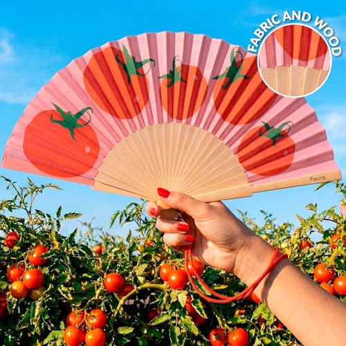 Fisura – Original Folding Fan with Tomato Print. Colorful Wooden Folding Fan in red with Strap Included. Fun Gift idea for Travel Beach Days or Summer Events. 16.7 x 9 in. - color: Tomatoes, Red
