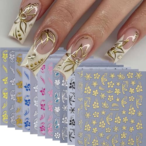Flower Nail Stickers for Nail Art 12PCS Hibiscus Flowers Nail Decals 3D Self-Adhesive Tropical Nail Art Designs Pink Gold Petals Butterfly Sliders Summer Manicure Decoration DIY Supplies for Women - style: Hibiscus Flowers
