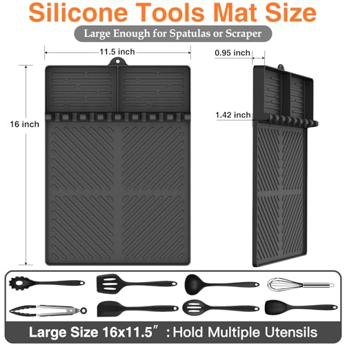 Silicone Griddle Tools Mat for Blackstone, Griddle Accessories Side Shelf Mat Grill Pad for Outdoor Grill Kitchen Counter Spatula Silicone Mat with Drip Pad (Black) - color: Black