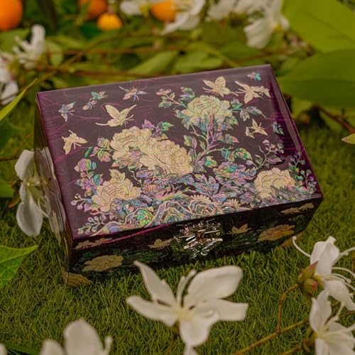 February Mountain Mother of Pearl Jewelry Organizer Box - Mothers day gifts Handmade Jewelry Box Gifts for mom from daughter Flower and butterfly design - color: Purple