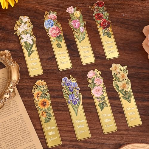 8 Pieces Metal Clip Bookmarks, Golden Hollow Floral Bookmark Monet Oil Painting Theme Book Mark Birthday Funny Art Gifts for Women Book Lovers Writers Readers Children Teens Men - style: 8Pcs Flower Clip