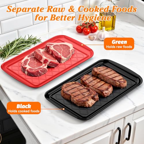 Grilling Prep & Serve Trays for Party Set of 2, Large BBQ Serving Platters - color: Black & Red