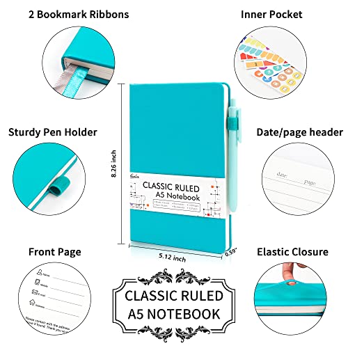 24 Pack Journal Notebook for Work, Feela Business Notebook Bulk Hardcover Lined Writing Journal with Pen Holder for Men Women Note Taking, with 24 Black Pens, 120 GSM, 5.1”x8.3”, A5, Emerald - color: 24 Pack emerald