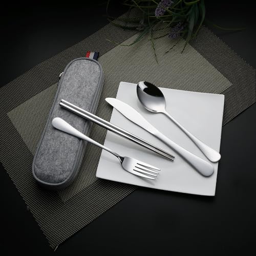 DEVICO Travel Utensils with Case, 5 Piece Portable Silverware Set for Work - color: Silver