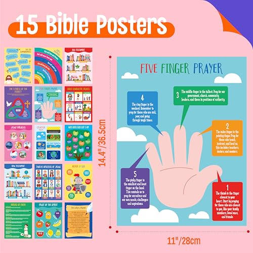 15 Bible Posters for kids, Thick Religious Poster Waterproof & Tear Proof with PET Film, Books of the Bible Poster Sunday School Christian Decoration for Classroom, Bulletin Board (14.5” x 11”) - size: Bible Posters (14.5” x 11”) -A