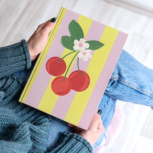 Lady Jayne Embroidered Canvas Hardcover Journal with 192 Lined Pages, 6” x 8.5” – Fruit and Fleur Cherries (83500) - color: Cherries