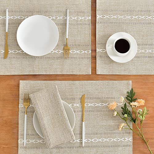 Wracra Cotton Linen Place Mats, Coffee Embroidered Placemats Set of 4 - color: Hemstitched Coffee, size: Placemats(Set of 4)