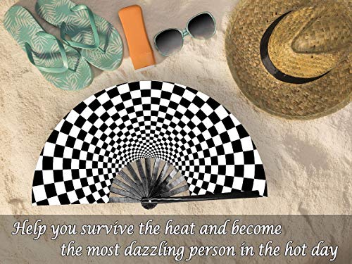 OMyTea Large Rave Clack Folding Hand Fan for Men/Women - Chinese Japanese Bamboo Handheld Fan - for EDM, Music Festival, Club, Event, Party, Dance, Performance, Decoration, Gift (Speed Checkered) - color: Speed Checkered