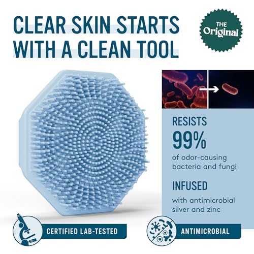 Sud Scrub® Antimicrobial Silicone Face Scrubber, 1 Pack, Gentle Face Exfoliator for Sensitive Skin, Eco Friendly Facial Cleansing Brush, Exfoliating Face Brush for Men and Women (Blue)