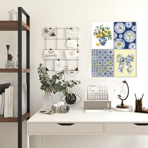 LUKIPOM Chinoiserie Lemon Summer Bow Wall Art Posters Set of 4,Amalfi Coast Grandmillennial Home Decor,Blue and White Porcelain Lemon Tree Prints Artwork for Kitchen Wall Decor, 8x10 Unframed - color: Color 008