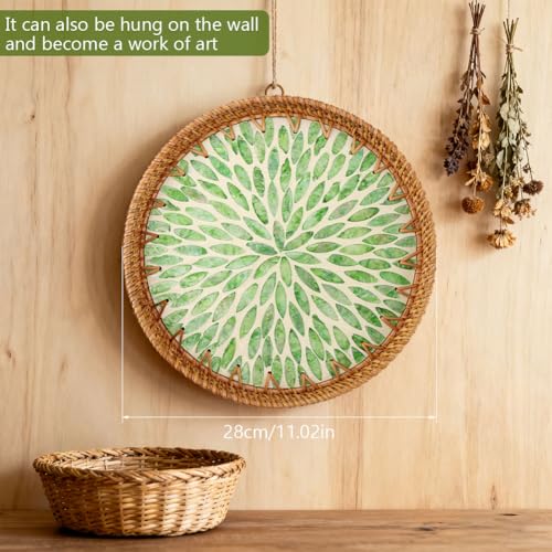 Handwoven Round Rattan Tray with Mother of Pearl Inlay, 11.02inch Round Decorative Serving Tray for Dining Table, Wall Decor & Gift(Size:Leaf)