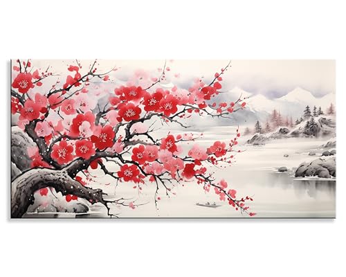 NAN Wind Asian Wall Art Traditional Chinese Painting Oriental Red Plum Blossom Canvas Pictures for Wall Decor Home decor for Living Room Cherry Blossom Decor Landscape Artwork Framed Ready to Hang - color: Red-One Piece, size: 40"L x 20"W
