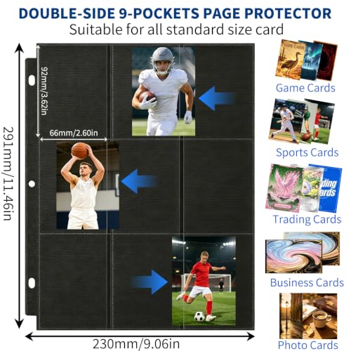 9 Pocket Page Protectors,Double-Sided Trading Card Sleeves for 3 Ring Binder,Acid-Free Baseball Cards Holder, Protective Pages Sheets for Collectible Games, Sports Cards(50Pack, Black,Side-Loading) - color: Black, size: Side-Loading