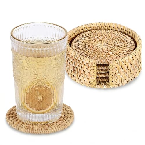 Drink Coasters Set of 6-Handwoven Rattan Coaster with Holder,Natural Rattan - style: Natural Rattan