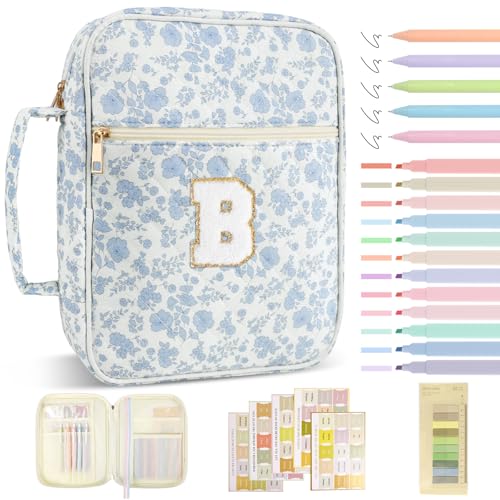 Personalized Initial Bible Cover Case for Women Girls Kid - Large Quilted Bible Case with Handle,Chenille Letter Bag Study Supplies,Christmas Gifts for Christians Birthday Graduation(Blue Flower-B) - color: Blue Flower, size: letter-B