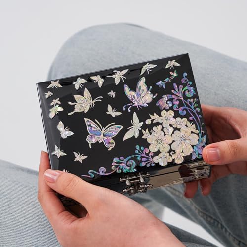 February Mountain Elegant Mother of Pearl Jewelry Organizer Box with Mirror Lid - Gifts for women birthday unique Anniversary Christams and Special Occasions - style: Butterfly