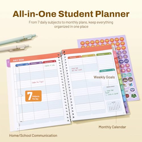 Student Planner 2026-2027, SUNEE Middle or High School Datebooks Student Planner for Academic Year Jul. 2026 - Jun. 2027, 6.5" x 8.3" Lesson Plan Book with Bookmark, Planning Stickers, Pastel Draw - color: Pastel Draw, size: A5 6.5"×8.3"