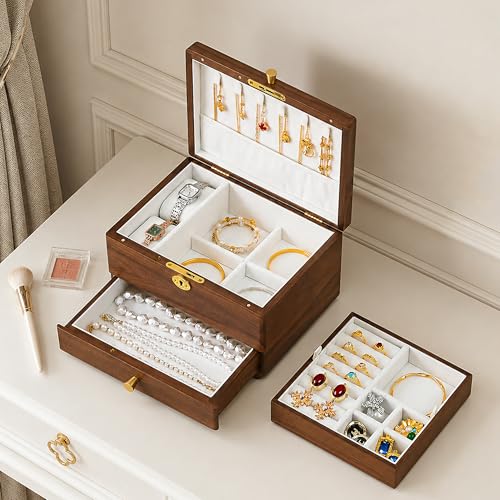 Black Walnut Lockable Jewelry Box with Feet, 3 Layer Wooden Case for Women - color: 3 Layer Full Lock with Feet