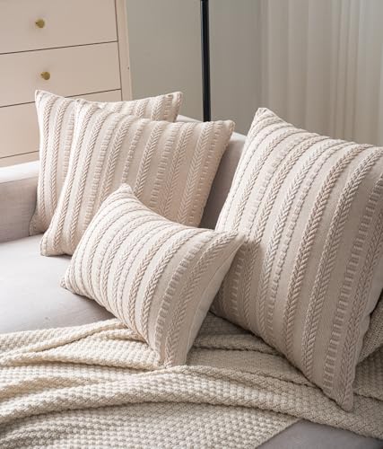 Cethom Boho Throw Pillow Covers 18x18 Inch Set of 2, Farmhouse Decorative Couch Pillow Cases, Beige Accent Pillows of Bed, Sofa Bedroom Living Room Home Decor Cushion Cover - color: Beige, size: 18" x 18" (Pack of 2)