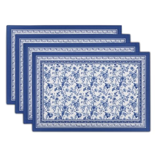 Blue Floral Branches Placemats Set of 4 ，12 x 18 Inch Chinoiserie Table Mats Washable Heat Resistant Linen Fabric Rectangle Place Mat for Indoor Outdoor Kitchen Dining Home Decor - color: Blue Floral