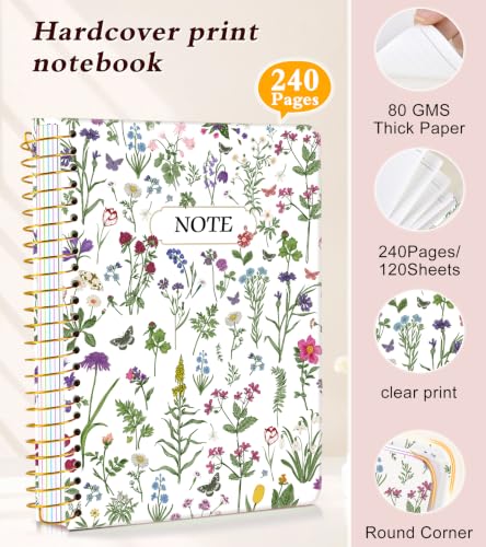 5 Subject Notebook College Ruled 240 Pages, A5(5.8"x8.3") Hardcover Spiral Notebook with Removable Dividers Tabs, Lined Spiral Journal Notebook for Women, Notebooks for Work School，whitespringflower - color: -Whitespringflower, size: A5