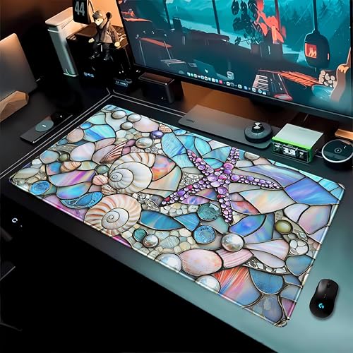 Stained Glass Desk Mat Large Mouse Pad Extended Desk Pad, Gaming Computer Mouse Mat XXL, Big Desktop Keyboard Mat, Full Desk Laptop Pad for Office Work, Ocean Desk Decor Aesthetic 31.5×15.7 Inch - color: Coastal Seashells