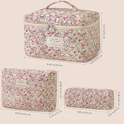 HBselect Quilted Makeup Bag, 3Pcs Cotton Large Travel Makeup Bags Organizer - color: A-3PCS-Floral 19